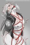  1boy abs arms_behind_back ass ball_gag bara blush bottomless english_text erection gag gagged genji_(overwatch) happi_genji_(overwatch) headband large_pectorals male_focus male_pubic_hair muscular muscular_male navel nipples nude nuggies_(nug_gies) official_alternate_costume overwatch overwatch_2 partially_colored pectorals penis pubic_hair restrained rope shibari short_hair solo 