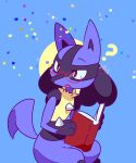 ambiguous_gender anthro biped book canid canine chest_spike eyebrows eyewear generation_4_pokemon glasses hi_res holding_book holding_object lucario mammal nintendo pokemon pokemon_(species) question_mark solo spikes spikes_(anatomy) tail yuki_oto