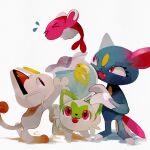  animal_focus claws closed_eyes commentary_request fangs fishbowl forehead_jewel green_fur highres holding li04r meowth no_humans open_mouth pokemon pokemon_(creature) red_eyes sneasel sprigatito tatsugiri tatsugiri_(droopy) tatsugiri_(stretchy) white_background 