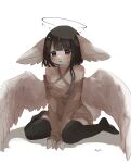 115meg absolute_territory absurd_res angelic anthro arm_support artist_name big_ears black_hair blush bob_cut bodily_fluids braless breasts canid canine cleavage clothed clothing crying eyelashes feathered_wings feathers female fennec fluffy fluffy_tail fox glistening glistening_eyes grey_eyes hair halo hands_between_legs hi_res legwear mammal medium_breasts natural_breasts open_mouth signature simple_background sitting solo stockings sweater_dress tail tears text thigh_highs wings
