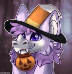 ambiguous_gender anthro aussiekitten bat candy candy_corn dessert fangs food fruit hair halloween holidays jack-o&#039;-lantern kerolink male mammal pink_body pink_hair plant pumpkin purple_eyes solo teeth trick_or_treat