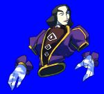  1boy amazugali bad_link black_hair blue_background blue_pupils closed_eyes closed_mouth coat disembodied_limb ena_(series) expressionless eyeball highres male_focus purple_coat sky solo thick_eyebrows ulysses_(ena) 