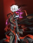  1boy antonio_salieri_(fate) antonio_salieri_(first_ascension)_(fate) antonio_salieri_(second_ascension)_(fate) ascot brown_gloves claws fate/grand_order fate_(series) gloves grey_jacket grey_pants grin highres holding holding_sword holding_weapon jacket long_sleeves looking_at_viewer male_focus mask medallion pale_skin pants pinstripe_jacket pinstripe_pants pinstripe_pattern pinstripe_suit red_ascot red_background red_eyes short_hair simple_background smile smirk solo spotlight striped_suit suit sword takustorage transformation weapon white_hair 