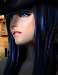  1girl bad_id bad_pixiv_id black_hair blue_eyes blunt_bangs cowboy_hat hat koei_tecmo long_hair nico_robin one_piece open_mouth realistic solo teeth 