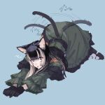  1girl animal_ears black_gloves black_hair blue_background blue_eyes cat_ears cat_tail dress frilled_sleeves frills gloves green_dress grey_hair highres hololive hololive_dev_is juufuutei_raden long_hair multicolored_hair murechika tail tail_wagging tongue tongue_out top-down_bottom-up two-tone_hair virtual_youtuber 