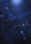  ashuijing blue_theme bubble dappled_sunlight fish highres jellyfish landscape no_humans original sunlight too_many too_many_fish underwater 