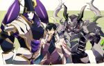 3boys armor black_hair blue_headwear blue_shirt closed_mouth coat collared_shirt fake_horns fate/grand_order fate_(series) green_eyes hand_on_own_chin hattori_takeo_(fate) helmet highres horned_helmet horns imagawa_yoshimoto_(fate) itou_kashitarou_(fate) jacket japanese_armor looking_at_another looking_at_viewer male_focus mask medium_hair multiple_boys necktie parted_lips purple_hair purple_jacket purple_necktie shirt shoulder_armor simple_background smile upper_body white_coat yellow_eyes yuu_(areruya) 