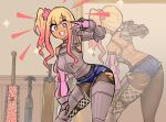  1girl armor ass back belt breastplate centurii-chan_(artist) denim denim_shorts gauntlets gloves gyaru highres juliet_sleeves leg_armor long_bangs long_sleeves mirror multicolored_hair original pantyhose pantyhose_under_shorts pink_gloves puffy_sleeves short_shorts shorts shoulder_armor side_ponytail smile sword symbol-shaped_pupils teeth torn_clothes torn_pantyhose two-tone_hair v weapon 