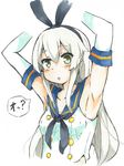  :o armpits arms_up bare_shoulders black_bow black_hairband black_neckwear blue_sailor_collar blush bow commentary_request cropped_arms detached_sleeves eyebrows_visible_through_hair green_eyes hair_bow hairband igo_miku kantai_collection long_hair looking_at_viewer neckerchief parted_lips sailor_collar school_uniform serafuku shimakaze_(kantai_collection) shirt silver_hair simple_background sleeveless sleeveless_shirt slit_pupils solo speech_bubble traditional_media upper_body white_background white_shirt 
