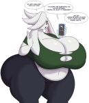 2023 5_fingers alternate_form anthro belly big_belly big_breasts black_bottomwear black_clothing black_pants blush bottomwear breasts cellphone cleavage cleavage_overflow clothed clothing dewwydarts dialogue electronics english_text eva_(dewwydartz) female fingers fur generation_8_pokemon green_clothing green_shirt green_topwear hair hair_over_eye hi_res holding_cellphone holding_object holding_phone holding_smartphone huge_breasts huge_thighs long_ears navel nintendo one_eye_obstructed orange_eyes overweight overweight_anthro overweight_female pants phone phone_call pokemon pokemon_(species) raboot shirt simple_background smartphone solo speech_bubble standing text thick_thighs topwear wardrobe_malfunction white_background white_body white_fur white_hair