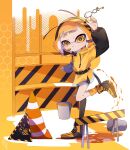  1girl :o bee_print belt bike_shorts blonde_hair bucket bucket_spill commentary highres holding holding_key honeycomb_(pattern) inkling inkling_girl jacket key looking_at_viewer medium_hair open_mouth paint paint_can puffy_sleeves socks solo spill splatoon_(series) squid_ikaaa standing standing_on_one_leg tentacle_hair thick_eyebrows traffic_cone yellow_eyes yellow_jacket yellow_socks 