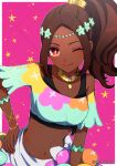  1girl brown_hair crop_top dark-skinned_female dark_skin dfhnokenbutu eyeshadow fire_emblem fire_emblem_engage high_ponytail highres makeup navel one_eye_closed pink_eyeshadow single_bare_shoulder solo star-shaped_pupils star_(symbol) symbol-shaped_pupils timerra_(fire_emblem) very_dark_skin 