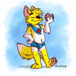  &lt;3 bandanna blue_clothing blue_underwear briefs canid canine clothing doughnut eating eyes_closed food fox fur male mammal tinydeerguy underwear yellow_fur 