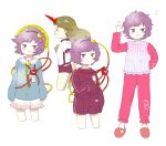  2girls :3 :d arms_at_sides blonde_hair blue_shirt buruma flat_chest grey_hairband hairband hand_up hat heart horns hoshiguma_yuugi komeiji_satori long_sleeves multiple_girls nonamejd noose official_style oni pants pink_footwear pink_pants puffy_short_sleeves puffy_sleeves purple_buruma purple_eyes purple_hair purple_shorts red_eyes red_horns school_hat shirt short_hair short_sleeves shorts sideways_mouth simple_background single_horn sleeves_past_fingers sleeves_past_wrists slippers smile third_eye touhou white_background white_shirt yellow_headwear zun_(style) 