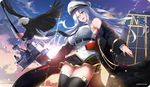  azur_lane bangs bird bow_(weapon) breasts cloud cloudy_sky coat commentary_request cowboy_shot crossbow eagle enterprise_(azur_lane) flight_deck hair_between_eyes hat highres large_breasts long_hair looking_at_viewer military military_uniform miniskirt necktie open_clothes open_coat open_mouth peaked_cap pleated_skirt purple_eyes ringoen shirt silver_hair skirt sky sleeveless smile solo standing thighhighs three_k_(spiritus_no_honoo) uniform weapon white_hat white_shirt 