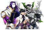  3boys armor black_hair black_shirt clapping closed_eyes closed_mouth coat collared_shirt facing_viewer fake_horns fate/grand_order fate_(series) hattori_takeo_(fate) helmet highres horned_helmet horns imagawa_yoshimoto_(fate) itou_kashitarou_(fate) jacket japanese_armor long_sleeves male_focus mask medium_hair multiple_boys necktie pale_skin parted_lips purple_hair purple_jacket purple_necktie rerebrace shirt short_hair simple_background smile upper_body white_background white_coat yuu_(areruya) 