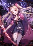  :o artist_name bangs black_dress black_legwear black_leotard blonde_hair breasts cloak dress earrings embers ereshkigal_(fate/grand_order) eyebrows_visible_through_hair fate/grand_order fate_(series) floating_hair glowing glowing_weapon gold_trim hair_ribbon hand_up holding holding_weapon hoop_earrings jewelry legs_together leotard light_particles lightning long_hair looking_at_viewer medium_breasts night night_sky open_mouth parted_bangs pink_cloak pink_ribbon red_eyes ribbon roang shiny shiny_hair short_dress signature single_sleeve single_thighhigh skull sky solo sparks spine standing thighhighs tiara two_side_up v-shaped_eyebrows very_long_hair weapon 