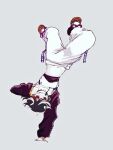  1girl alternate_costume black_hair breakdance cone_horns grey_background handstand hood hoodie horns kijin_seija midriff multicolored_hair navel one_arm_handstand pants posumine puffy_sleeves purple_eyes purple_hoodie red_hair simple_background small_horns solo streaked_hair touhou white_hair white_hoodie white_horns white_pants 