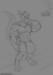  anthro clothing dragon greyscale hair horn huge_bulge jockstrap looking_at_viewer male monochrome muscular muscular_male shy sketch smile solo spiritraptor standing underwear 