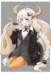  1girl :p ahoge black_jacket blue_eyes blush braid breasts closed_mouth collared_shirt commentary cross_tie curled_horns dragon_girl dress fingernails food food_on_face grey_background grey_dress grey_hair hair_ornament hand_up highres holding holding_with_tail horns jacket kizuna_akari long_hair long_sleeves looking_at_viewer medium_breasts open_clothes open_jacket orange_nails orange_thighhighs outside_border pantyhose pointy_ears prehensile_tail scales sharp_fingernails shirt short_dress simple_background sitting skewer sleeves_past_wrists smile solo striped_clothes striped_thighhighs tail thighhighs tongue tongue_out twin_braids twintails vertical-striped_clothes vertical-striped_thighhighs very_long_hair voiceroid white_shirt yokozuwari zooanime 