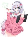  blue_eyes blush bow commentary_request eromanga_sensei hair_bow highres himemiya_shuang holding_stylus izumi_sagiri long_hair looking_at_viewer pajamas pink_bow silver_hair simple_background solo standing stylus tablet_pc white_background 