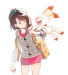  1girl bag brown_eyes brown_hair cardigan dress gloria_(pokemon) green_headwear grey_cardigan hat hi-fi_(fijazzy) holding holding_poke_ball long_sleeves one_eye_closed pink_dress poke_ball poke_ball_(basic) pokemon pokemon_(creature) pokemon_swsh scorbunny short_dress short_hair simple_background white_background 