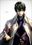  1boy artist_name beckoning black_hair black_shirt coat fate/grand_order fate_(series) green_eyes itou_kashitarou_(fate) k-suwabe long_sleeves looking_at_viewer male_focus necktie parted_lips purple_necktie reaching reaching_towards_viewer shirt short_hair simple_background smile solo upper_body white_background white_coat 