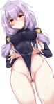  1girl atsuko_(blue_archive) black_bodysuit blue_archive blush bodysuit breasts commentary_request covered_nipples cowboy_shot fingernails frontal_wedgie grey_halo groin halo highres long_hair long_sleeves machismo_fuji medium_breasts open_mouth purple_hair pussy red_eyes sideboob simple_background solo wedgie white_background 