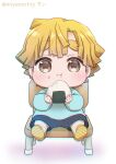  1boy :i agatsuma_zenitsu aged_down blonde_hair blue_shirt blue_shorts brown_eyes chair cheek_bulge chibi child closed_mouth eating food food_bite food_on_face forked_eyebrows full_body highres holding holding_food kimetsu_no_yaiba kindergarten_uniform long_sleeves looking_at_viewer male_focus miyanochiy onigiri rice rice_on_face shirt shoe_soles shoes short_hair shorts simple_background sitting straight-on twitter_username white_background 
