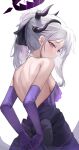  1girl absurdres back black_horns blue_archive blush breasts closed_mouth demon_horns dress elbow_gloves gloves grey_hair halo highres hina_(blue_archive) hina_(dress)_(blue_archive) hoangryu horns long_hair multiple_horns official_alternate_costume official_alternate_hairstyle purple_dress purple_eyes purple_gloves sideboob simple_background small_breasts solo strapless strapless_dress white_background 