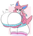 absurd_res accessory anthro big_breasts big_eyes black_eyes blush blush_lines bouncing_breasts bow_ribbon breasts cleavage clothed clothing dialogue eeveelution female fur generation_6_pokemon hair hair_accessory hair_bow hair_ribbon hi_res huge_breasts huge_thighs hyper hyper_breasts hyper_thighs long_hair nintendo open_mouth pink_hair pokemon pokemon_(species) ribbons selene_(itsawulf) smile solo sound_effects standing sweater sylveon text thick_thighs topwear white_body white_fur woebeeme