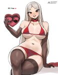  ball_gag bikini box breasts collar donburi_(donburikazoku) feet_out_of_frame gag grey_hair happy_valentine heart-shaped_box highres large_breasts long_hair original red_bikini red_eyes solo swimsuit thighhighs watermark 