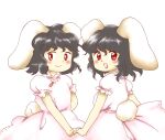  2girls :d animal_ears black_hair blush clone closed_mouth dress flat_chest floppy_ears hair_between_eyes holding_hands inaba_tewi interlocked_fingers multiple_girls nonamejd official_style open_mouth pink_dress puffy_short_sleeves puffy_sleeves rabbit_ears rabbit_girl rabbit_tail red_eyes short_hair short_sleeves simple_background smile tail teeth touhou upper_teeth_only white_background white_tail zun_(style) 