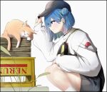  1girl akinosub baseball_cap black_headwear black_shorts blue_hair blush box cattail closed_mouth commentary_request crate double_bun feet_out_of_frame green_hair hair_between_eyes hair_bun hat high-waist_shorts highres long_bangs long_sleeves looking_at_animal mole mole_under_eye multicolored_hair nanashi_inc. official_alternate_costume orange_cat pink_eyes plant short_hair shorts simple_background single_strap smile solo squatting suzumi_nemo suzumi_nemo_(2nd_costume) sweater two-tone_hair virtual_youtuber white_background white_sweater 