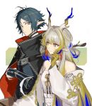  1boy 1girl arknights black_cape black_gloves blonde_hair blue_hair blue_shirt cape coat colored_skin commentary dragon_girl dragon_horns dress earrings eyeshadow frown gauntlets gloves gradient_background green_background grey_eyes grey_hair highres horns jewelry looking_at_viewer makeup multicolored_hair off_shoulder pointy_ears red_eyeshadow shikiri shirt short_hair shu_(arknights) simple_background sleeveless sleeveless_dress tassel tassel_earrings upper_body white_background white_coat white_dress yellow_skin zuo_le_(arknights) 