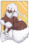 absurd_res anthro big_breasts big_butt biped breasts brown_body butt female fur generation_8_pokemon hi_res horn kantan kneeling looking_at_viewer nintendo pokemon pokemon_(species) thick_thighs white_body white_fur wooloo