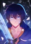 1boy absurdres blue_eyes blue_hair blue_hoodie closed_mouth eyebrows_hidden_by_hair glass glowing glowing_eye hair_between_eyes highres holding holding_sword holding_weapon hood hoodie light_smile looking_at_viewer multiple_views notteacups reflection shattered shirt short_hair solo_leveling sung_jin-woo sword upper_body weapon 