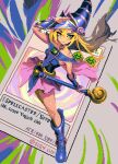  1girl bare_shoulders blonde_hair blue_footwear boots card dark_magician_girl english_text green_eyes holding long_hair multicolored_background smile solo thisislux yu-gi-oh! 
