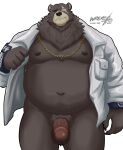 2024 anthro artist_name bear belly ben_(zenless_zone_zero) brown_body chain_necklace clothing erection eye_scar facial_scar full-length_portrait genitals hi_res humanoid_genitalia humanoid_penis jacket jacket_only jewelry ligoni male mammal mihoyo moobs mostly_nude navel necklace overweight overweight_male penis portrait scar signature simple_background smile smiling_at_viewer smirk smirking_at_viewer solo topwear white_background white_clothing white_jacket white_topwear zenless_zone_zero