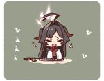  1girl ahoge black_hair black_horns black_shorts black_tail blue_archive chibi closed_eyes coat crying demon_horns demon_tail full_body hair_intakes halo horns kasumi_(blue_archive) lab_coat long_hair open_mouth red_halo red_shirt shirt shorts solo tail white_coat yoru_nai 