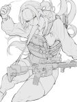  1girl armor assault_rifle bulletproof_vest gloves greyscale gun monochrome original rifle simple_background solo thighhighs utsucan weapon white_background 