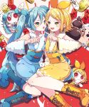  2girls :o a_ja_nai_ka_(vocaloid) aimaina aqua_hair blonde_hair blue_footwear boots bow_hairband detached_sleeves earrings foot_out_of_frame full_body furrowed_brow hair_ornament hairband hairclip hatsune_miku highres japanese_clothes jewelry kagamine_rin kaho_0102 long_hair looking_at_another multiple_girls open_mouth pointing pointing_at_another text_in_eyes twintails v-shaped_eyebrows very_long_hair vocaloid yellow_eyes yellow_footwear 