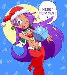5_fingers biped breasts christmas christmas_clothing christmas_headwear clothed clothing english_text female fingers hair hat headgear headwear hi_res holidays humanoid humanoid_pointy_ears long_hair looking_at_viewer not_furry one_eye_closed open_mouth open_smile purple_hair red_clothing santa_hat shantae shantae_(series) smile smiling_at_viewer solo speech_bubble talking_to_viewer text wayforward yuki_oto