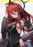  ahoge arknights arknights:_endfield blue_hair breasts brown_eyes closed_mouth ember_(arknights) grey_background hair_between_eyes hair_intakes halo highres kiso_(wjnomcuzqmdjcql) long_hair looking_at_viewer medium_breasts multicolored_hair red_hair sideboob streaked_hair v-shaped_eyebrows very_long_hair 