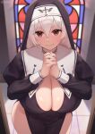  1girl black_dress black_headwear blush breasts brown_eyes cleavage cleavage_cutout clothing_cutout covered_navel dress habit highres iwbitu large_breasts long_hair long_sleeves looking_at_viewer nun nyopu original own_hands_clasped own_hands_together pelvic_curtain smile solo stained_glass white_hair wide_hips window 