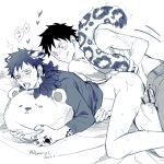  2022 2boys :q ahegao animal_ears arm_tattoo ass bed blush bottomless censored chest_tattoo commentary_request dated demorzel earrings facial_hair fangs goatee hand_tattoo highres hugging_object jewelry leopard_boy leopard_ears leopard_tail looking_at_another monkey_d._luffy multiple_boys navel on_bed one_piece open_mouth penis pillow pillow_hug scar scar_on_cheek scar_on_face sex short_hair spooning tail tattoo toned toned_male tongue tongue_out topless_male trafalgar_law yaoi 