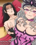  1boy 1girl black_gloves black_hair blanket breasts choker cleavage commentary emperor_of_mankind english_commentary fang fingerless_gloves gloves grey_hair guy_tired_after_sex_(meme) highres idiot_of_the_east large_breasts laurel_crown long_hair meme pillow pink_choker pink_eyes pointy_ears shaded_face slaanesh smile v warhammer_40k web_address 