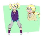  1girl :o blonde_hair blue_eyes cardigan casual collarbone collared_shirt cropped_torso facing_viewer full_body green_background grey_pants hair_between_eyes hair_ornament hair_scrunchie hands_in_pocket hood hood_down hooded_jacket jacket jewelry laika_(sunafuki_tabito) legs_apart lightning_bolt_symbol long_hair looking_at_viewer low_twintails multiple_views necklace open_mouth original pants purple_footwear raised_eyebrow school_uniform scrunchie shirt signature sunafuki_tabito sweatpants twintails white_shirt yellow_cardigan zipper zipper_pull_tab 