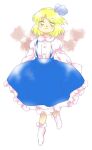  1girl alice_margatroid alice_margatroid_(pc-98) blonde_hair blue_ribbon blue_skirt closed_mouth collared_shirt dress_shirt full_body hair_ribbon juliet_sleeves long_sleeves nonamejd official_style puffy_sleeves ribbon shirt short_hair skirt smile socks solo suspender_skirt suspenders touhou touhou_(pc-98) white_shirt white_socks yellow_eyes zun_(style) 