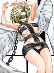  angel angel_(megami_tensei) angel_wings blindfold blonde_hair bondage_outfit chain collar facing_viewer kazu_(rakugakino-to) shin_megami_tensei simple_background solo white_background wings 